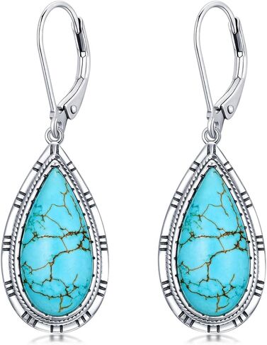 Genuine Turquoise Dangle Teardrop leverback Earrings, Sterling Silver Vintage Native American Western Jewelry Earrings Birthday in Saudi Arabia