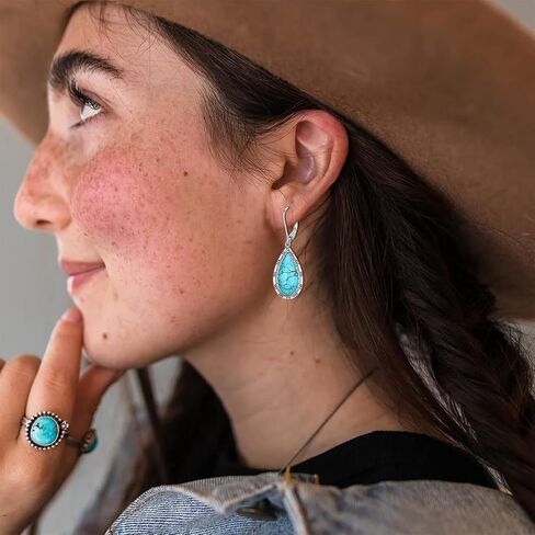 Genuine Turquoise Dangle Teardrop leverback Earrings, Sterling Silver Vintage Native American Western Jewelry Earrings Birthday in Saudi Arabia
