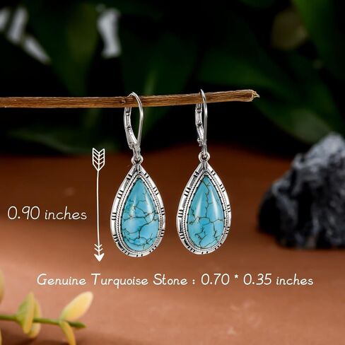 Genuine Turquoise Dangle Teardrop leverback Earrings, Sterling Silver Vintage Native American Western Jewelry Earrings Birthday in Saudi Arabia