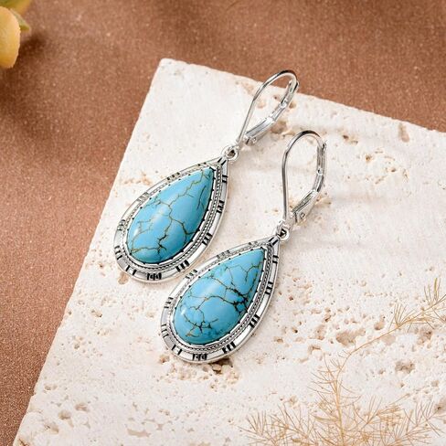 Genuine Turquoise Dangle Teardrop leverback Earrings, Sterling Silver Vintage Native American Western Jewelry Earrings Birthday in Saudi Arabia