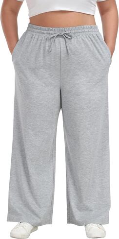 Women's Plus Size Wide Leg Pants Elastic Waist Casual Pants Summer Loose Fit Sweatpants with Pockets Drawstring in Saudi Arabia