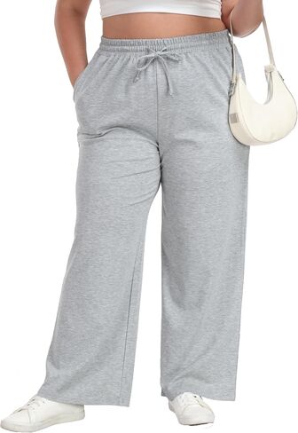 Women's Plus Size Wide Leg Pants Elastic Waist Casual Pants Summer Loose Fit Sweatpants with Pockets Drawstring in Saudi Arabia
