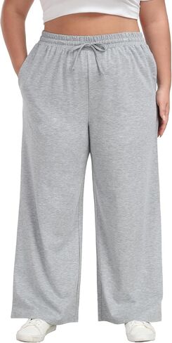 Women's Plus Size Wide Leg Pants Elastic Waist Casual Pants Summer Loose Fit Sweatpants with Pockets Drawstring in Saudi Arabia