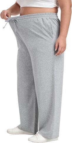 Women's Plus Size Wide Leg Pants Elastic Waist Casual Pants Summer Loose Fit Sweatpants with Pockets Drawstring in Saudi Arabia