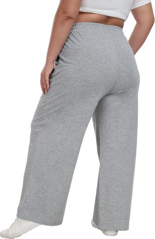 Women's Plus Size Wide Leg Pants Elastic Waist Casual Pants Summer Loose Fit Sweatpants with Pockets Drawstring in Saudi Arabia