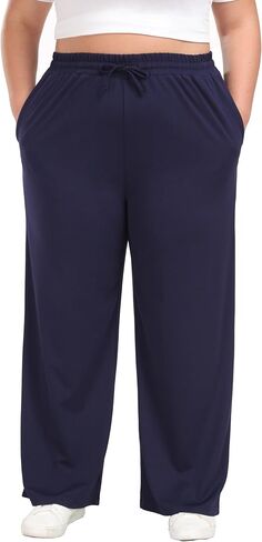 Women's Plus Size Wide Leg Pants Elastic Waist Casual Pants Summer Loose Fit Sweatpants with Pockets Drawstring in Saudi Arabia