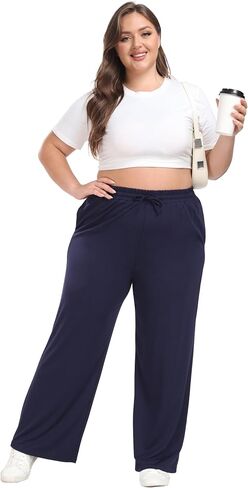 Women's Plus Size Wide Leg Pants Elastic Waist Casual Pants Summer Loose Fit Sweatpants with Pockets Drawstring in Saudi Arabia