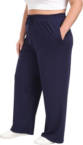 Women's Plus Size Wide Leg Pants Elastic Waist Casual Pants Summer Loose Fit Sweatpants with Pockets Drawstring in Saudi Arabia