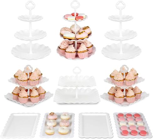 Pack of 10 NWK Cake Stand, Cupcake Stand, with 3X Two-Tier Cupcake Stands + 3X Three-Tier Cupcake Stands + 4 x Appetizer Trays Perfect for Birthday Baby Bridal Shower Party (White) in Saudi Arabia