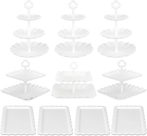 Pack of 10 NWK Cake Stand, Cupcake Stand, with 3X Two-Tier Cupcake Stands + 3X Three-Tier Cupcake Stands + 4 x Appetizer Trays Perfect for Birthday Baby Bridal Shower Party (White) in Saudi Arabia