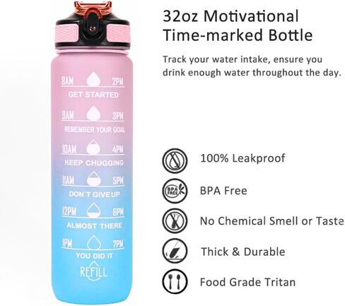 Pink-Blue 32 Oz Tritan Motivational Water Bottle With Time Marker Fittnes Gym Golf Tracking Yoga Sport Water Bottle in Saudi Arabia
