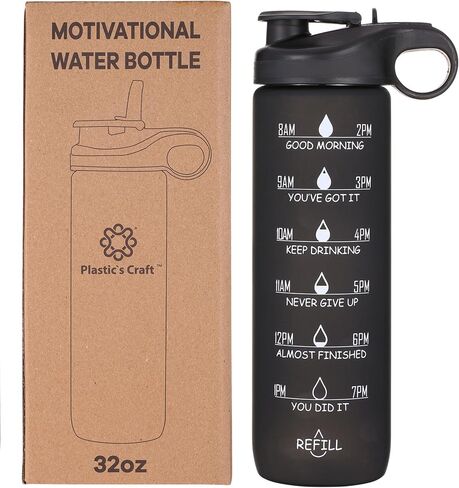 32oz Spill Proof Sports Water Bottle - Tritan Flip Straw Water Bottle - Reusable Bottle with Time Marker, BPA free - Motivational Water Bottle, 1 liter Water Bottles - Wide Mouth Water Bottle (Black) in Saudi Arabia