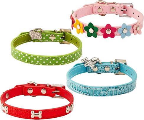 4 قطع من أطواق الجراء البناتية من الكريستال وحجر الراين على شكل قلب مع برشام على شكل عظمة وزهور ملونة لامعة وطوق قابل للتعديل للفتيات الصغيرة والكلاب والقطط وإكسسوارات طوق (صغير) in Kuwait