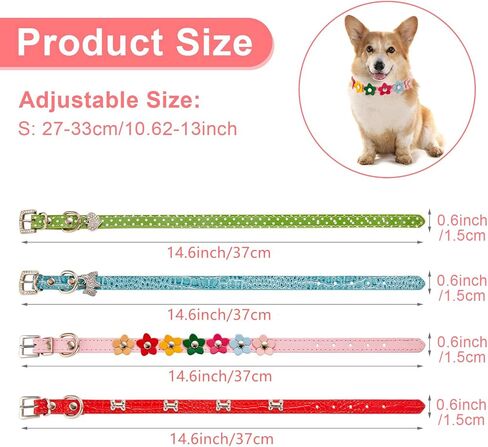 4 قطع من أطواق الجراء البناتية من الكريستال وحجر الراين على شكل قلب مع برشام على شكل عظمة وزهور ملونة لامعة وطوق قابل للتعديل للفتيات الصغيرة والكلاب والقطط وإكسسوارات طوق (صغير) in Kuwait