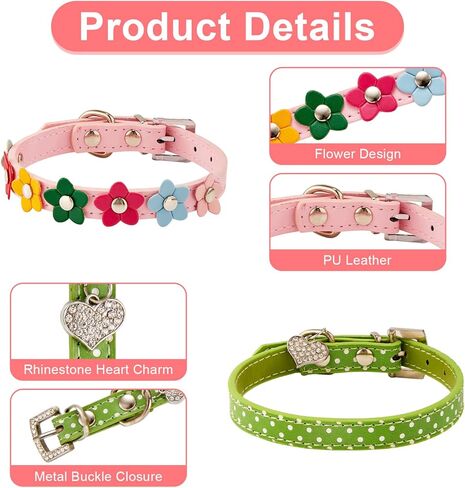 4 قطع من أطواق الجراء البناتية من الكريستال وحجر الراين على شكل قلب مع برشام على شكل عظمة وزهور ملونة لامعة وطوق قابل للتعديل للفتيات الصغيرة والكلاب والقطط وإكسسوارات طوق (صغير) in Kuwait