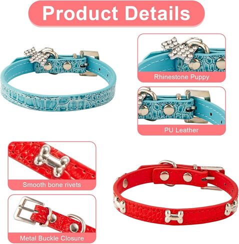 4 قطع من أطواق الجراء البناتية من الكريستال وحجر الراين على شكل قلب مع برشام على شكل عظمة وزهور ملونة لامعة وطوق قابل للتعديل للفتيات الصغيرة والكلاب والقطط وإكسسوارات طوق (صغير) in Kuwait