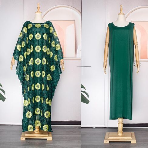 فستان قفطان نسائي عالي الدقة من الدانتيل بطول الأرض، فستان بوبو الأفريقي برقبة قارب، قفطان مقاس كبير in Kuwait