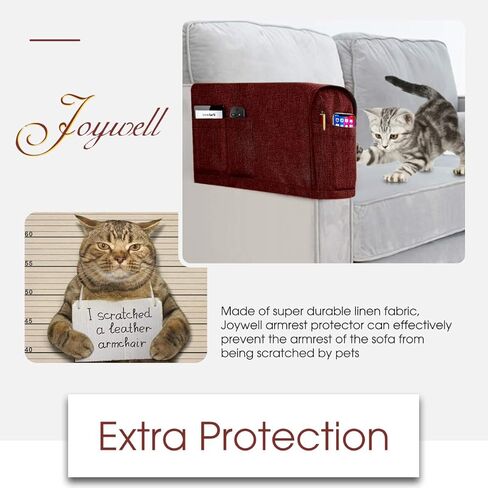 أغطية مسند الذراع من الكتان من Joywell لغرفة المعيشة، واقي ذراع الأريكة المضاد للانزلاق للكلاب والقطط والحيوانات الأليفة، غطاء منزلق للكرسي مع 4 جيوب للتحكم عن بعد في التلفزيون، والهاتف، قطعة واحدة، عنابي in Kuwait
