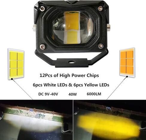 60W 6000LM LED كشاف ضوء Len للدراجات النارية قيادة الضباب، أصفر أبيض بعيد بالقرب من الضوء فلاش LED ضوء العمل للدراجات النارية ATV UTV SUV سيارة جرار رافعة شوكية قارب (1 قطعة) in Kuwait
