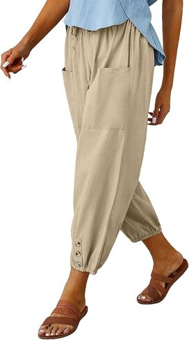 سروال كابري حريمي كاجوال برباط مع جيوب وواسع وواسع الساق وسروال شاطئ قصير صيفي in Kuwait