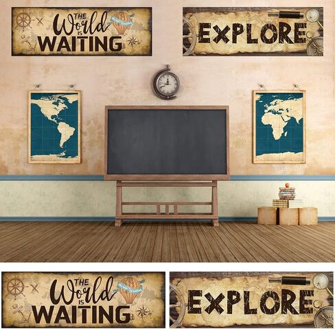 2 Pcs Retro Map Theme Banner and Poster for Teachers Diversity Posters for Classroom Inclusive Classroom Decor for Bulletin Board Elementary Pre Middle High School Wall Sign, 38.4 x 13.3 Inch in Saudi Arabia