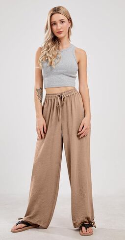 utcoco Wide Leg Linen Pants for Women Casual Loose Fit High Waisted Pants with Drawstrings in Saudi Arabia
