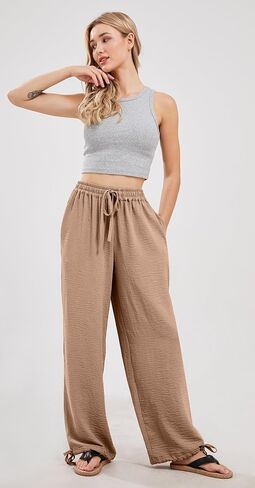 utcoco Wide Leg Linen Pants for Women Casual Loose Fit High Waisted Pants with Drawstrings in Saudi Arabia