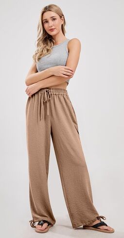 utcoco Wide Leg Linen Pants for Women Casual Loose Fit High Waisted Pants with Drawstrings in Saudi Arabia