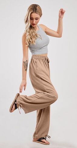 utcoco Wide Leg Linen Pants for Women Casual Loose Fit High Waisted Pants with Drawstrings in Saudi Arabia