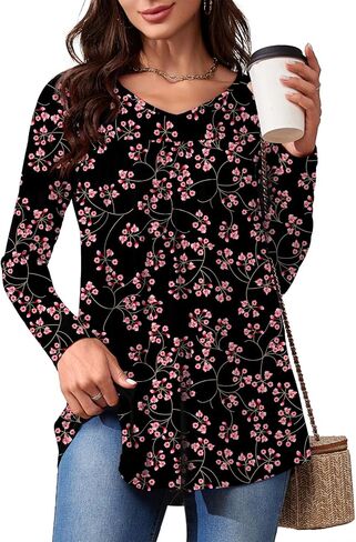 LAOLASI Womens Long Sleeve Tunic Tops V Neck Casual Dressy T Shirts Loose Fit Wear with Leggings Blouses Fall Tops for Women in Saudi Arabia