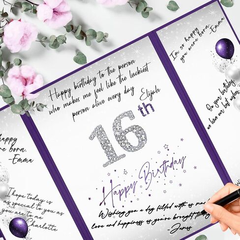 Crenics Sweet 16 زينة عيد الميلاد، بديل كتاب ضيف عيد الميلاد السادس عشر الإبداعي، كتاب توقيع عيد الميلاد السادس عشر باللونين الأرجواني والفضي، مقاس 12 بوصة × 18 بوصة، هدايا رائعة لعيد الميلاد بعمر 16 عامًا للفتيات in Kuwait