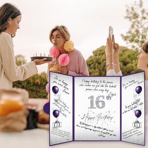 Crenics Sweet 16 زينة عيد الميلاد، بديل كتاب ضيف عيد الميلاد السادس عشر الإبداعي، كتاب توقيع عيد الميلاد السادس عشر باللونين الأرجواني والفضي، مقاس 12 بوصة × 18 بوصة، هدايا رائعة لعيد الميلاد بعمر 16 عامًا للفتيات in Kuwait