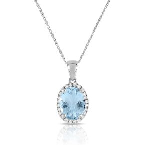14K White Gold Genuine Aquamarine 1-1/2 Ct Oval with Diamond Pendant Necklace