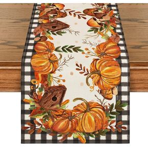Artoid Mode Buffalo Plaid Pumpkins Mushrooms Birdhouse Leaves Table Runner, Seasonal Fall Harvest Vintage Kitchen Dining Table Decoration for Indoor Outdoor Home Party Decor 13 x 36 Inch