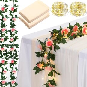 6 Pcs 10ft Gauze Table Runner with Flower Garland with Lights, Chiffon Like Wedding Table Runner and Artificial Rose Vine Flowers Floral Garland for Wedding Party Table Decor (Champagne)