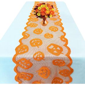 Orange Pumpkin Table Runner for Halloween Table Decorations - Lace Halloween Table Runners 72 Inch - Jack o Lanterns Table Centerpiece Decor Idea