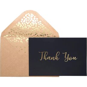 Partay Shenanigans Thank You Cards -50 Pack Black Thank You Cards With Fancy Gold Foil letters- Include 52 Kraft Envelopes- For Funeral, Birthday, Wedding Thank You Cards - 4 x 6 inch