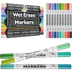 Wet Erase Markers – Soft Tip for Big & Bold Font - 10 Pack Double Sided 20 Color Pack, Erasable Glass Markers For Writing On Glass, Plastic, White Boards, Laminate, Acrylic & All Non Porous Surfaces