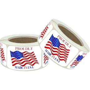 Made in USA Labels 3 X 2 Inches American Flag Stickers Glossy Paper, 500 PCS Per Roll Vinyl Decal United States Flag Sticker for Product Labeling (1 Roll)