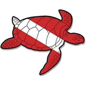 Sea Turtle Shaped Scuba Dive Flag Sticker (Diver Down Red White Diving Vinyl Decal for Kayaks, Boats, Trucks, Cars (3 x 4 inch)