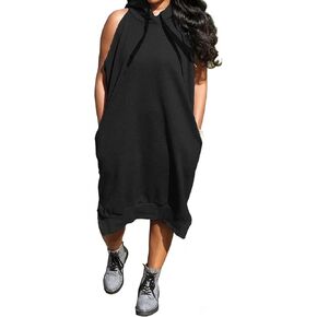 Remelon Women's Loose Pullover Hoodie Sleeveless Sweatshirt Casual Hooded Large Swing Midi Dress with Pocket