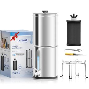 Purewell 2.25G Gravity Water Filter System with Water Level Window, 3-Stage 0.01μm Ultra-Filtration Stainless Steel Countertop System with 2 Filters and Stand, Reduce 99% Chlorine, PW-KS