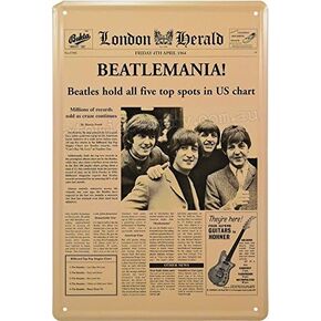 Tin Sign - Metal Sign: Beatles Newspaper Edition Beatlemania 8 x 12 in | Retro Vintage Classic Band Style Decor for Home Bar Garage Studio Restaurant | The Beatles
