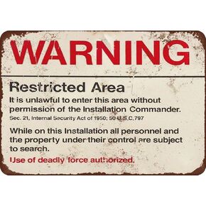 Ranch Metal Signs Vintage Yard Decor Art Tin Sign 8 x 12 Retro Warning Restricted Military Area 51 Vintage Look Basement