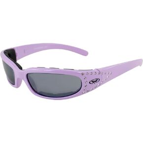 Global Vision Marilyn Padded Motorcycle Sunglasses Pastel Purple Crystal Bling Rhinestone Decorated Frames with Flash Mirror Lenses