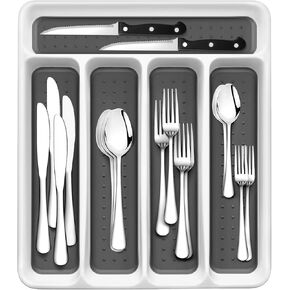 24-Piece Silverware Set, Flatware Set Mirror Polished, Dishwasher Safe Service for 4, Include Fork/Spoon with 5-Compartment Non Slip Silverware Drawer Organizer Box Tray