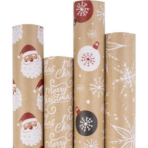 RUSPEPA Christmas Wrapping Paper, Kraft Paper - Santa Claus, Snowflake, Christmas Ball and Merry Christmas - 4 Rolls - 30 inches x 10 feet per Roll