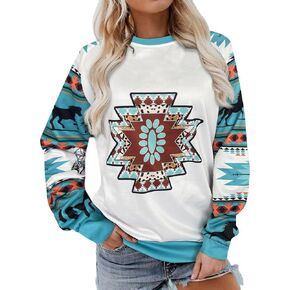 قميص Nhicdns الغربي للنساء بأكمام طويلة، سويت شيرت راعية البقر الأزتيك، برقبة دائرية in Kuwait