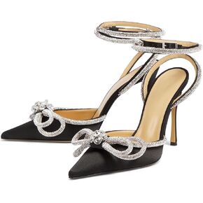 VivaLaver Women High Heeled Sandals Rhinestone Bow Heels Crystal Ankle Strap Stiletto Heeled Pumps Pointed Toe Satin for Bridal Wedding Dress Party Shoes