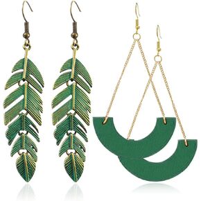 Handmade Boho Vintage Green Bronze Lightweight Statement Leaf Earrings with Detailed Texture Drop Dangle Earring for Women